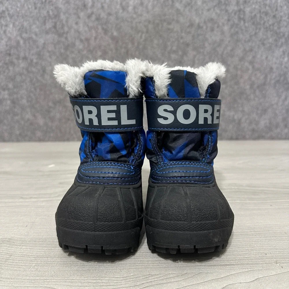 Sorel‎ Snow Commander Boots Kids Size 5 Blue Camo Faux Fur Winter Snow Boots